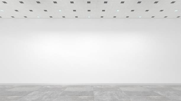 istock Empty room interior with white walls, grey tiled floor and ceiling with recessed spotlights 3d render. Modern blank living room, office, gallery, studio or hallway, front view 1475046463