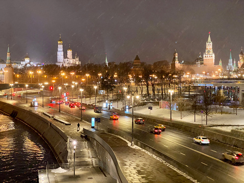 Moscow, Russia - 15 March, 2020. View on Moscow Kremlin on a night time with beautiful illuminated