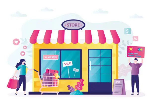 Vector illustration of Shop building. Entrance to the supermarket or store. Client hold credit card for payment. Shopping process. Storefront, facade of store. Commercial real estate. Shop exterior.