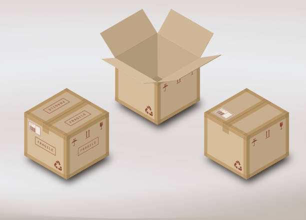 istock Set of cardboard boxes. Realistic cardboard box. Adhesive tape, duct tape. Delicate delivery sign fragile contents. Destination ticket with barcode. Fragile content. Post mockup. Vector illustration. 1475046715