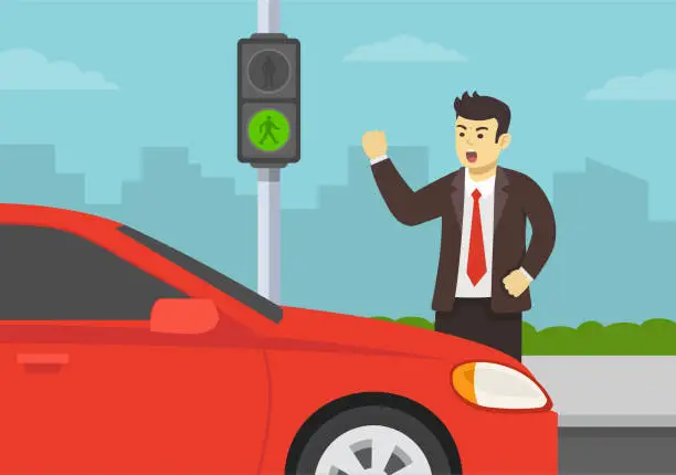 Vector illustration of Angry pedestrian yelling at car driver blocking crosswalk. Red light signal running car.