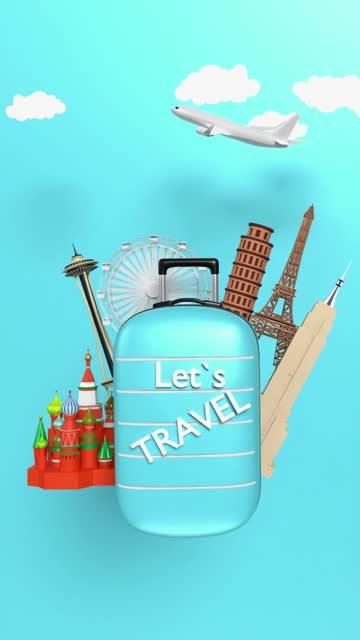 Vertical Let’s Travel text on Summer Concept on Blue Sky Background in 4K Resolution