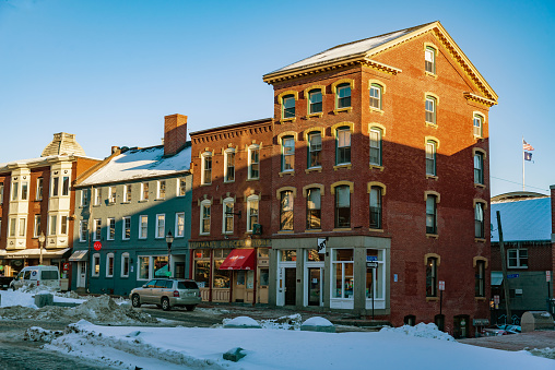 Portland, ME - January 21, 2016: Historical Old Port, a district of Portland, Maine, known for its cobblestone streets, 19th century brick buildings and fishing piers.