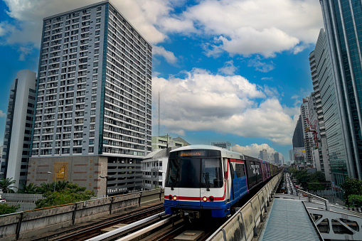 skytrain over the traffic in the city centre in the city of Bangkok, rush hour travel Solve traffic jams