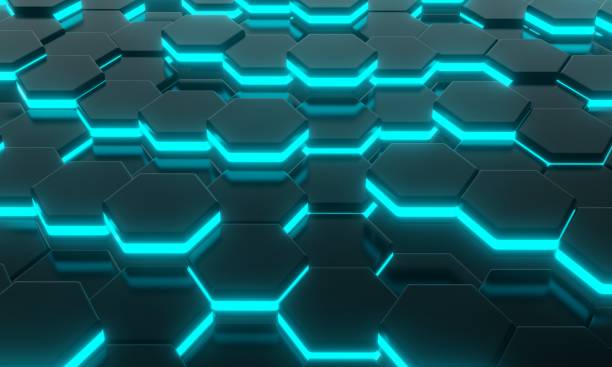 istock Black honeycomb hexagon with blue glowing neon lighting background. Sci-fi and Science technology concept. 3D illustration rendering 1475053701