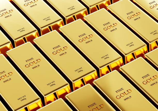 Fine gold bars in the safety vault. Business economic and financial concept. 3D illustration rendering stock photo