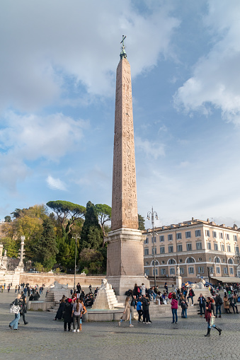Rome, Italy - December 8, 2022: The Flaminio Obelisk (Obelisco Flaminio) n Piazza del Popolo.