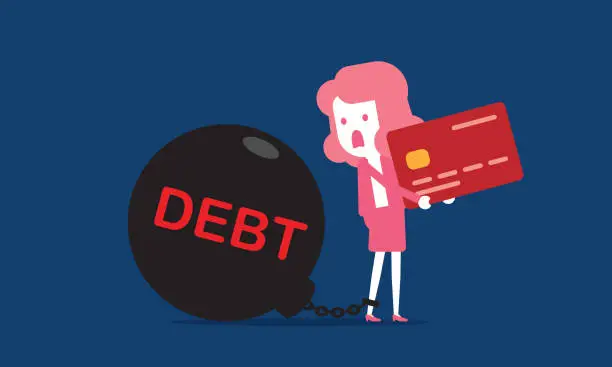 Vector illustration of Businesswoman chained with debt