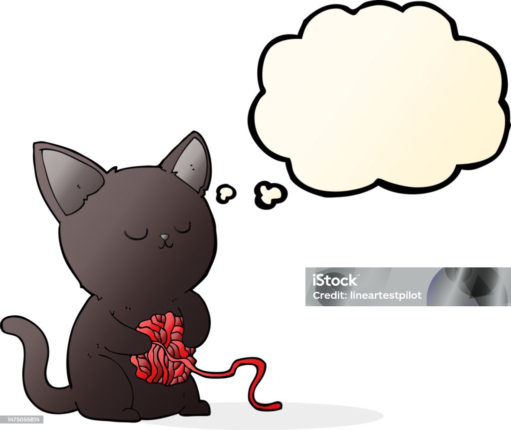 Kartun Kucing Hitam Lucu Bermain Dengan Bola Benang Dengan Gelembung