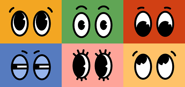 Cartoon retro character comic eyes emotions set on colored backgrounds. Vector