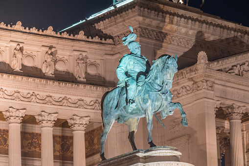 Rome, Italy - December 8, 2022: Victor Emmanuel II Monument (Monumento Nazionale a Vittorio Emanuele II) at night.