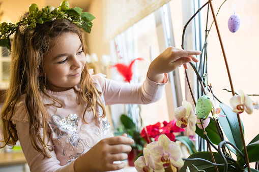 A cute girl is decorating her house plants with Easter eggs