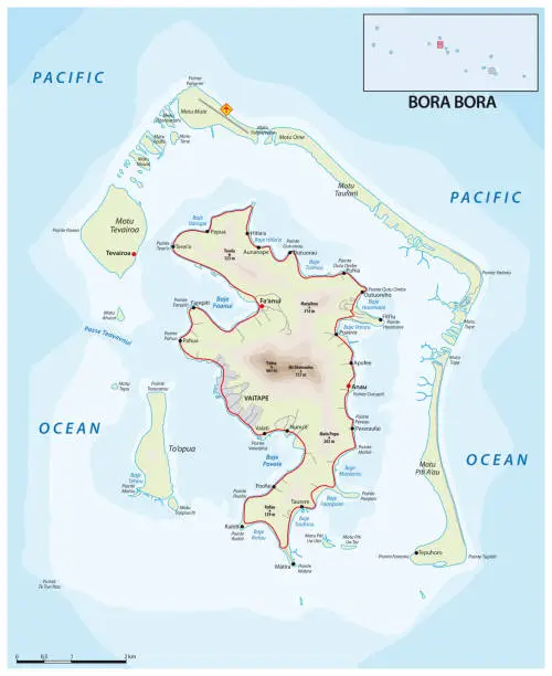 Vector illustration of road map of the French Polynesian atoll Bora Bora