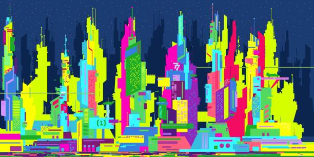 istock Neon Colorful Trendy Abstract Futuristic Sci-fi Cyber Space City Landscape Vector Illustration 1475059149
