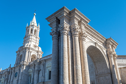 arequipa, peru. 14th october, 2022: outdoor views of famous arequipa cathedral located in plaza de armas, peru