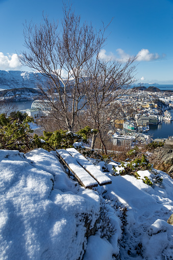 Lovely early Spring sunny day in Alesund City viewing point amazing Scandinavian landscape Norway Northern Europe