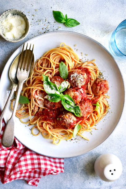 istock Pasta spaghetti with meat ball in tomato sauce . Top view. 1475060034