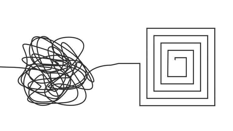 Personal growth and development. Coaching, training, brainstorm animation. Unraveling tangled tangle. Psychotherapy concept. Metaphor of problem solving, chaos and mess, difficult situation.