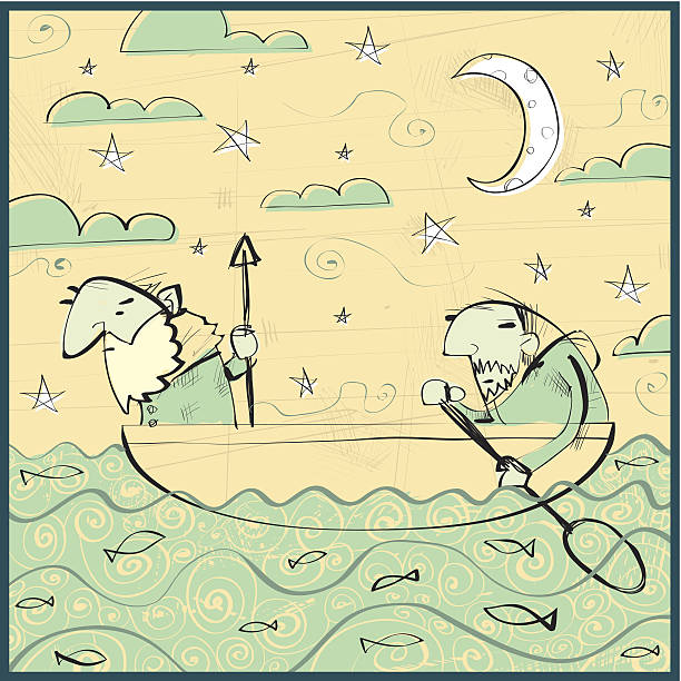 Two Men in Fishing Boat at Night with Spear See there Isaac? The seas are restless. The great whale, she approaches.  two men hunting stock illustrations