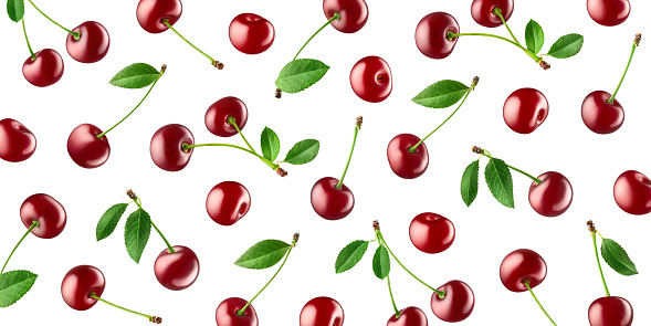 Fruit pattern of fresh ripe red cherries isolated on white background