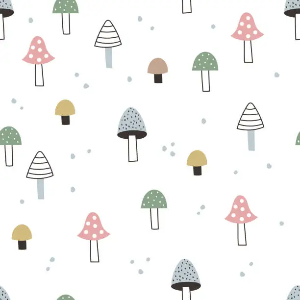 Vector illustration of vector seamless cute boho pattern with mushrooms