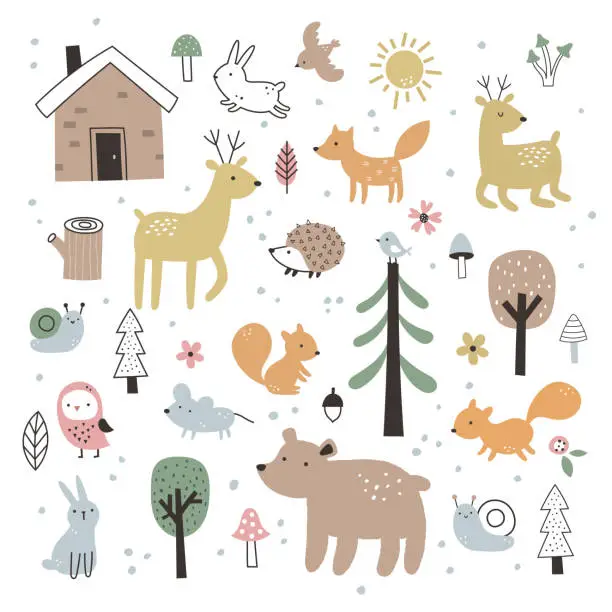 Vector illustration of vector cute set with forest funny animals