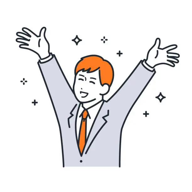 Vector illustration of A simple vector illustration material of a young businessman who spreads his hands with a smile