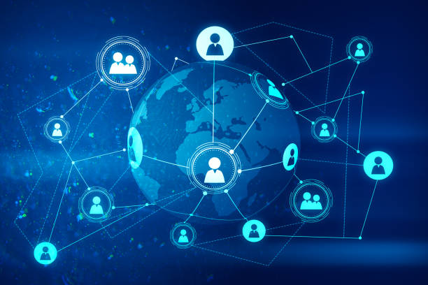 istock Personal data and social communication concept with digital user icons connected by lines on dark blue world map globe background. 3D rendering 1475065919