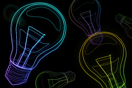 Creative and business idea concept with digital graphic colorful light bulbs on abstract dark background. 3D rendering