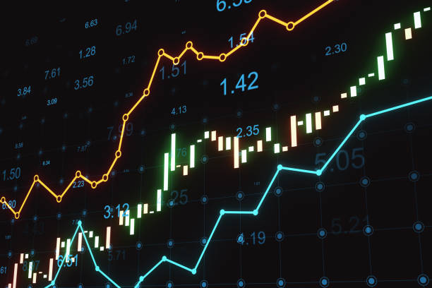 istock Stock market analytics concept with perspective view on digital illuminated financial chart graphs and candlestick on dark background with statistics. 3D rendering 1475066017