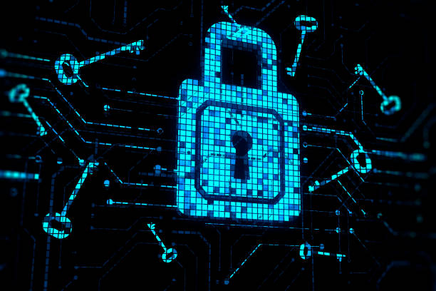 istock Cyber security and unlock system concept with perspective view on digital close padlock surrounded by blue keys on dark abstract background. 3D rendering 1475066031