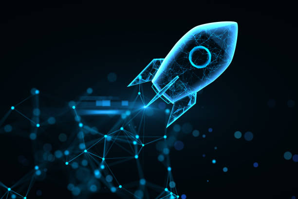 istock Startup business and launch project concept with digital glowing blue rocket on dark background with blurred dots. 3D rendering 1475066055