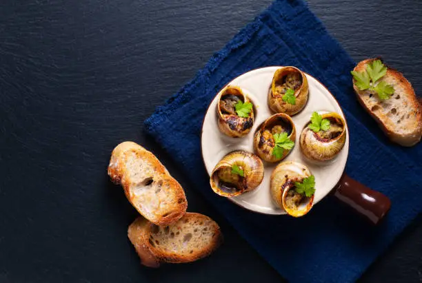 Food concept Escargots Baked French snails with Garlic butter on black slate stone background with copy space