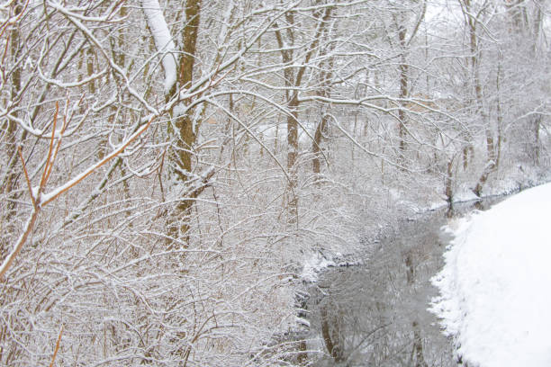 Frozen stream snow landscape on a very cold winter snowfall day in England UK, weather stock photo image