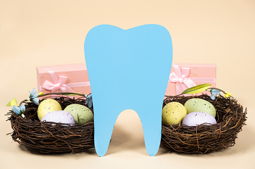 Easter dentistry. Blue tooth and painted eggs in nests on a beige background, a place for text