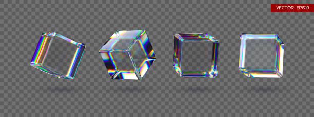 Set of 3d transparent glossy cubes with dispersion effect. Set of 3d transparent glossy cubes with dispersion effect. Rainbow colors reflection glass. Vector illustration. dispersion stock illustrations