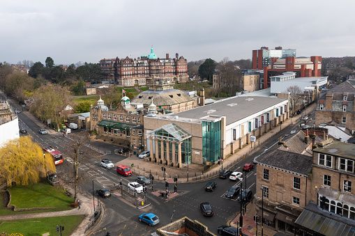Harrogate, UK - March 18, 2023.  An aerial cityscape of Harrogate Convention Centre and Exhibition buildings amongst the Victorian architecture of the Yorkshire Spa town
