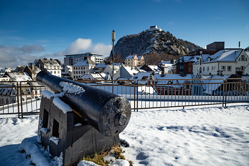 Historic cannon viewing point of Alesund Norway Scandinavian landscape Norway Northern Europe