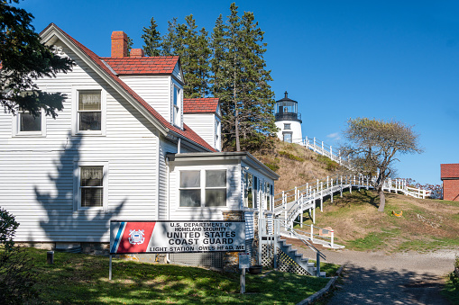 Owls Head, Maine - October 9, 2020: Built at the entrance to Rockland Harbor in 1825, the Owls Head lighthouse is  one of the smallest lighthouses in Maine.