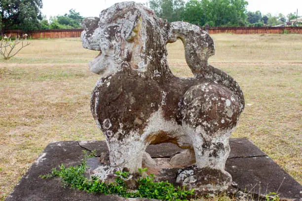 Ancient Lion Statue Of Champa Empire At Do Ban (Đồ Bàn) Ancient Citadel In Binh Dinh Province, Vietnam.