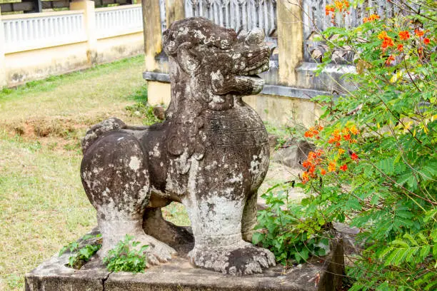 Ancient Lion Statue Of Champa Empire At Do Ban (Đồ Bàn) Ancient Citadel In Binh Dinh Province, Vietnam.