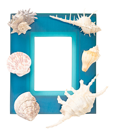 blue handicraft resin frame decorated with various shell isolated on white background with clipping path