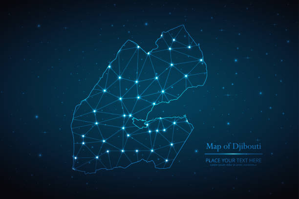 Abstract map of Djibouti geometric mesh polygonal network line Abstract map of Djibouti geometric mesh polygonal network line, structure and point scales on dark background. Vector illustration eps 10. flag of djibouti stock illustrations