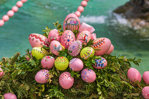 Detail of the decorated Easter fountain in Bieberbach - Germany in Upper Franconia