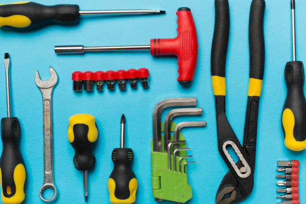 istock Set of tools on color background, top view 1475074496