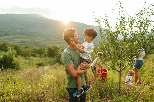Photo of father and his boy in the plum orchard