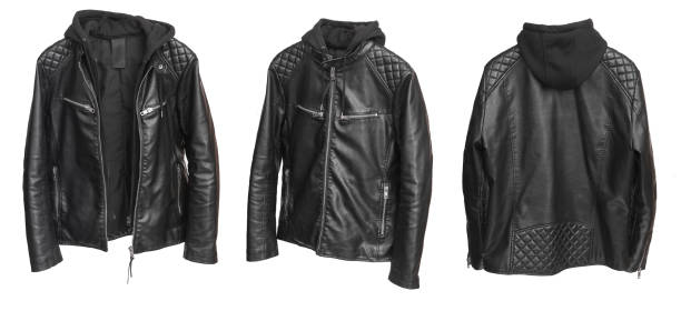Leather biker jacket with a hood on a white background