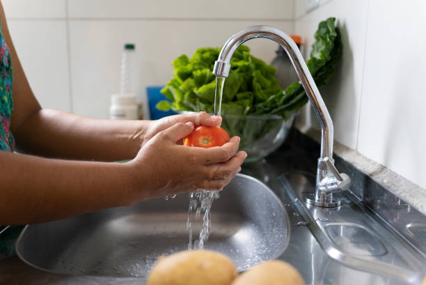 istock Female hand washing vegetables and sanitizing 1475076086