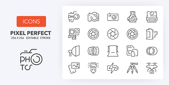 Set of thin line icons of photography. Outline symbol collection. Editable vector stroke. 256x256 Pixel Perfect scalable to 128px, 64px...