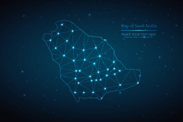 Abstract map of Saudi Arabia geometric mesh polygonal network line Abstract map of Saudi Arabia geometric mesh polygonal network line, structure and point scales on dark background. Vector illustration eps 10. international border stock illustrations